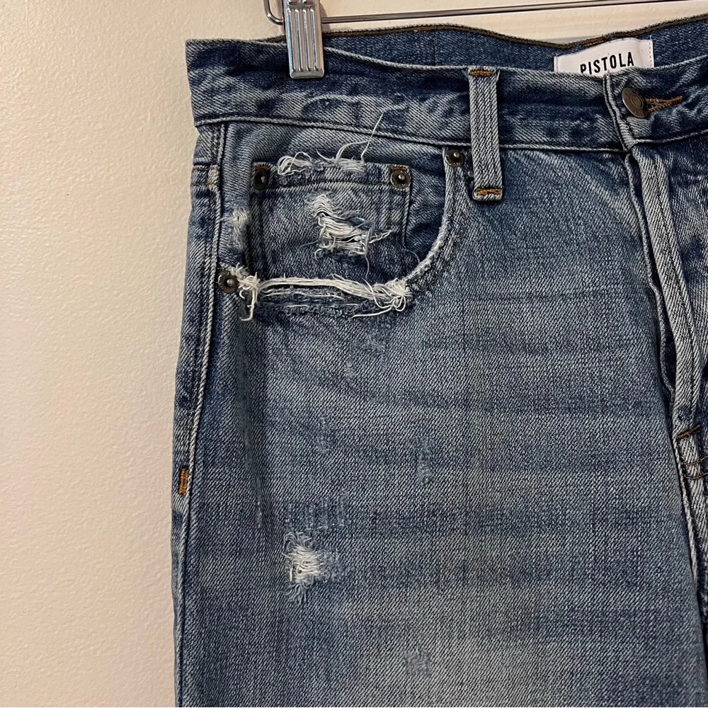 Pistola Women’s Jeans light Wash Distressed Raw Hem Cropped Straight Leg